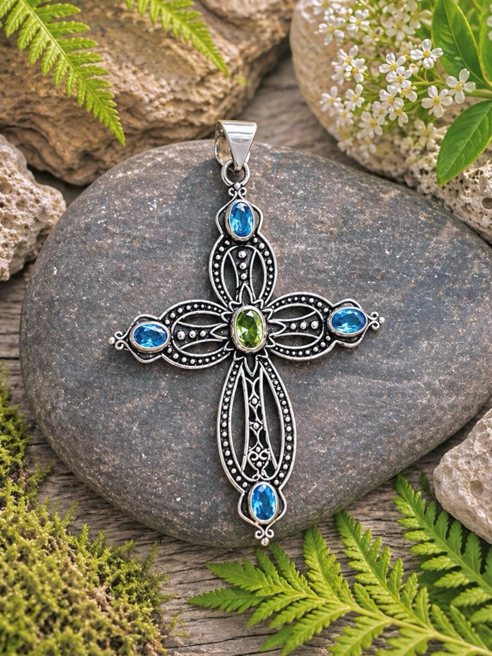 Blue Topaz & Peridot Sterling Silver 2.5” Cross Pendant